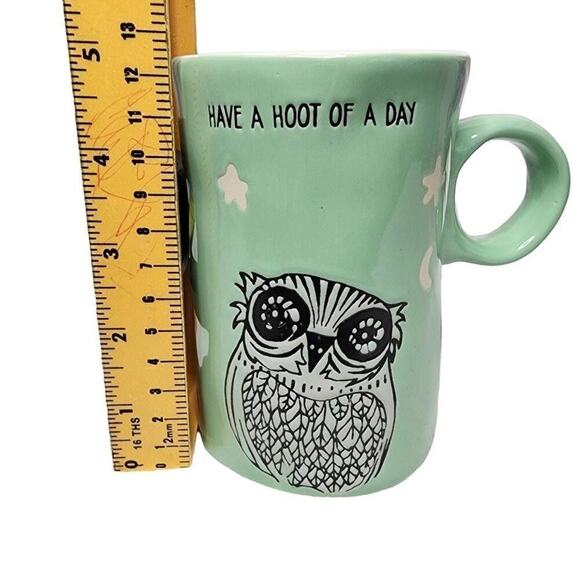 Artisan Coffee Mugs, Mint Green "Have a Hoot of a Day" Ceramic Owl Drinking Cup - Picture 3 of 7